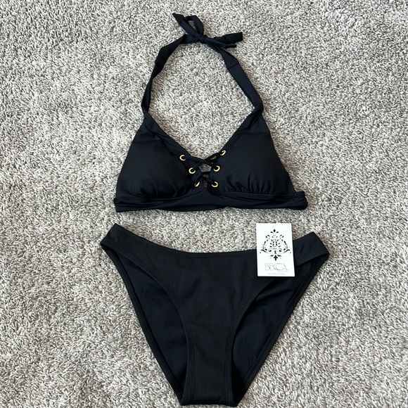 NWT $146 BECCA Medium M 8 10 Black Ribbed Sexy Bikini 2 piece swimsuit NEW Gold - Picture 8 of 16